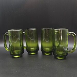 Vintage Set of 4 Libbey Avocado Green Glass Beer Mugs Steins